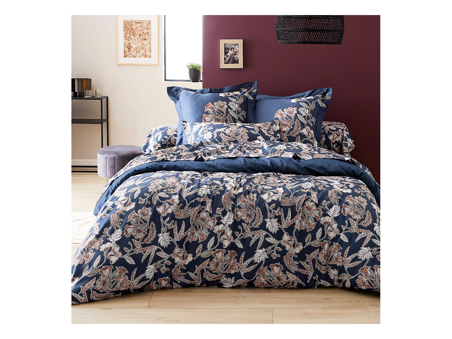 Housse de couette 200x200 cm satin de coton BOTANIC bleu Nuit