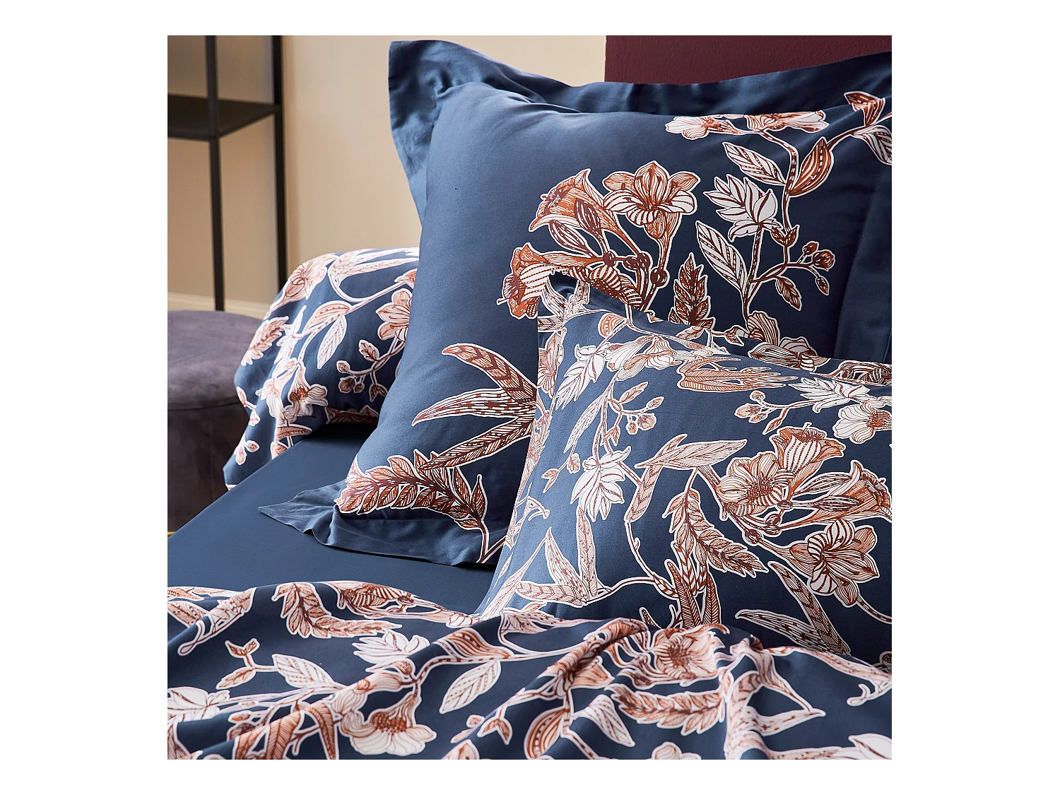 Housse de couette 200x200 cm satin de coton BOTANIC bleu Nuit