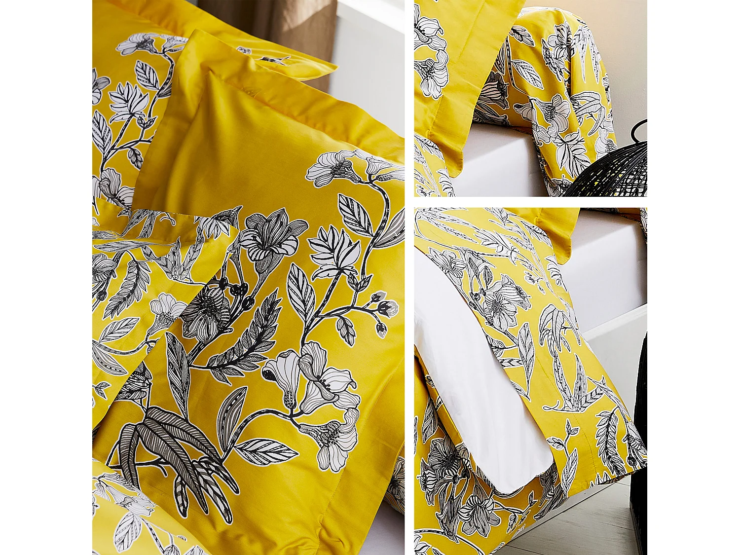 Housse de couette 140x200 cm satin de coton BOTANIC jaune soleil