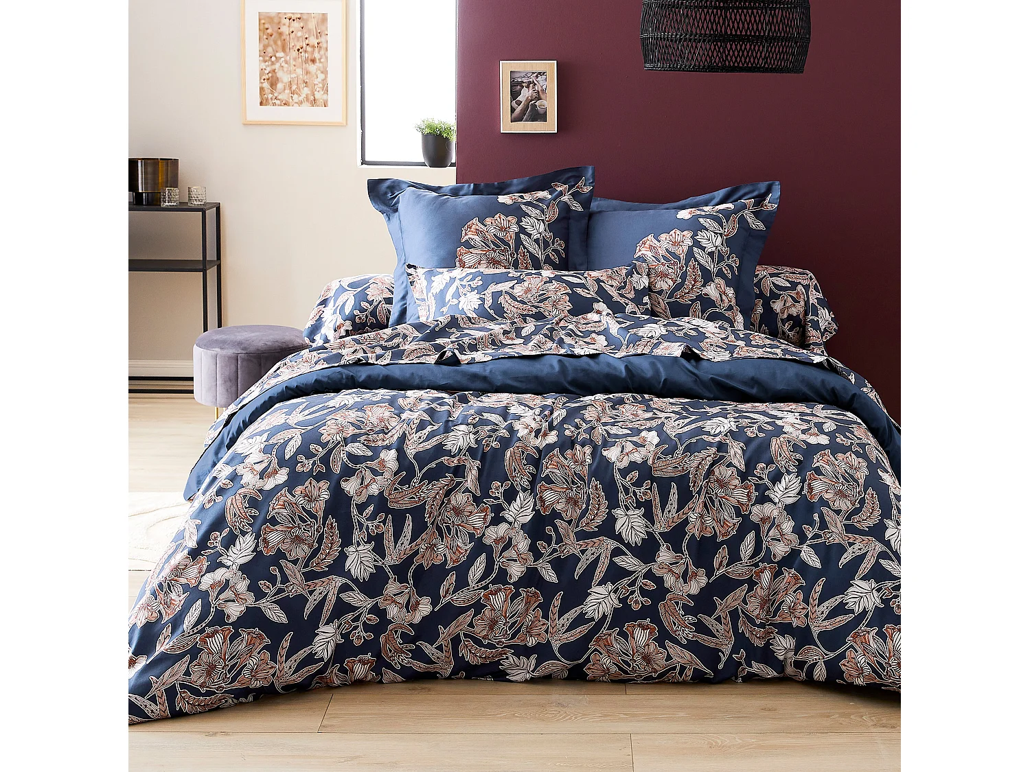 Housse de couette 140x200 cm satin de coton BOTANIC bleu Nuit