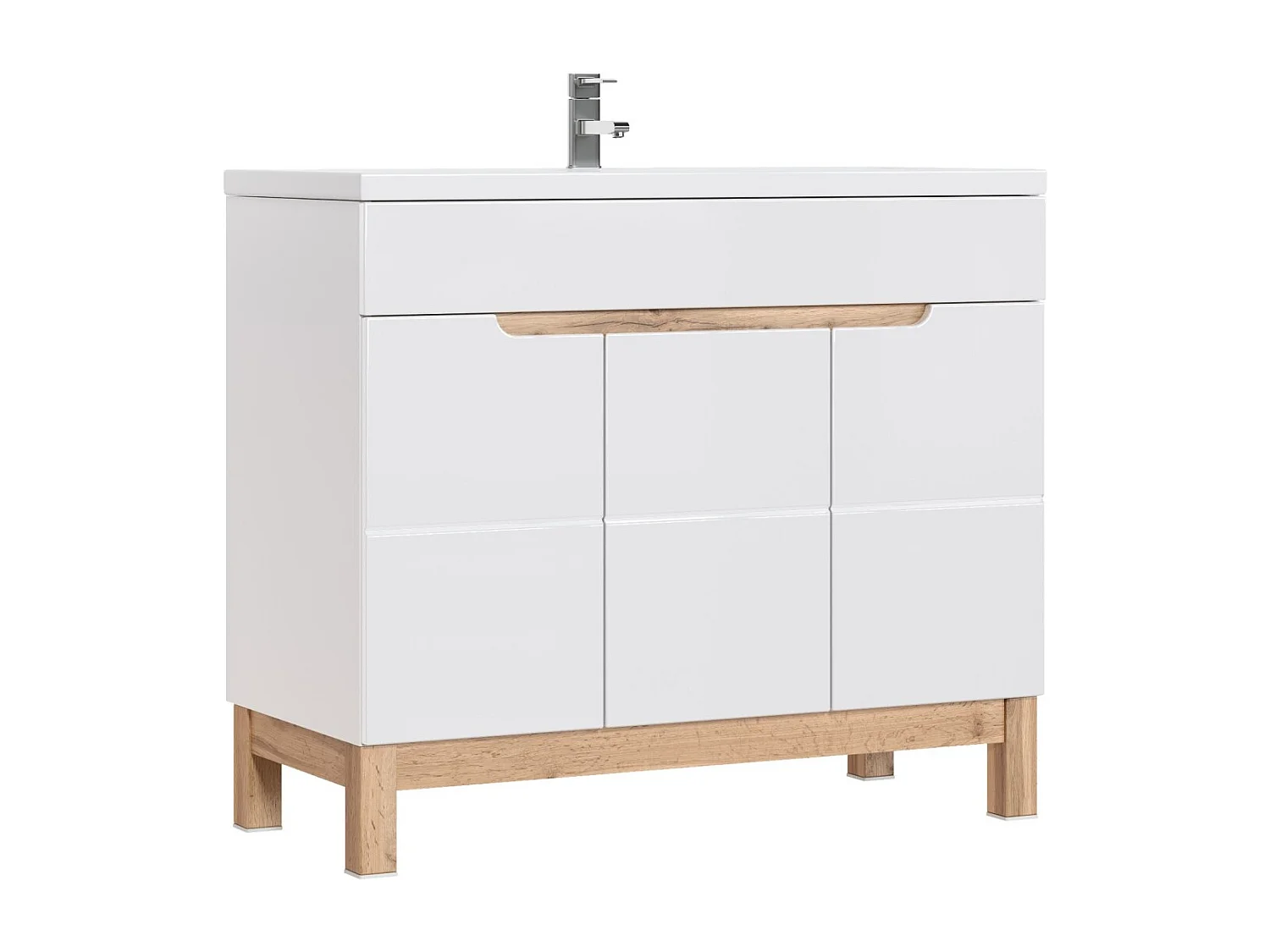 Meubel onder wastafel ERMANO - Licht eiken en hoogglans wit - 100x84 cm - 3 deuren - Om te plaatsen