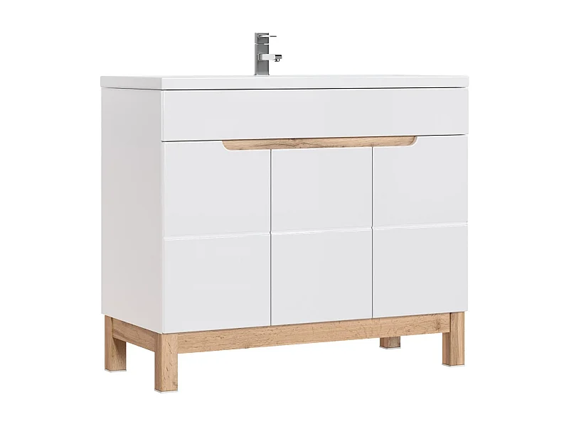 Meubel onder wastafel ERMANO - Licht eiken en hoogglans wit - 100x84 cm - 3 deuren - Om te plaatsen