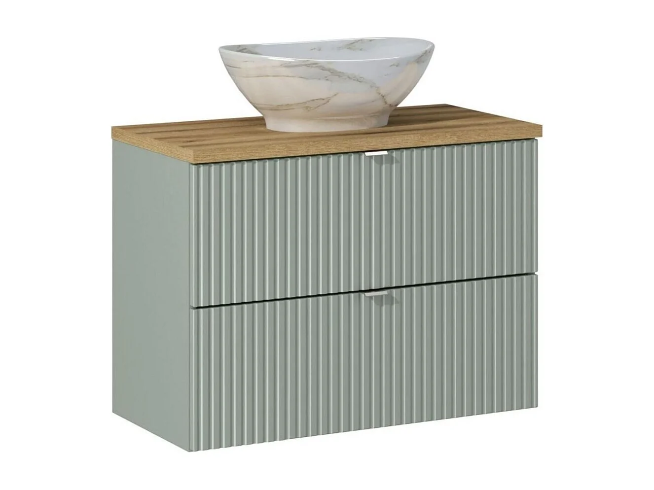 Ensemble ELVINA 80cm : meuble sous vasque à tiroirs vert + plan pour vasque aspect bois foncé + vasque à poser marbrée