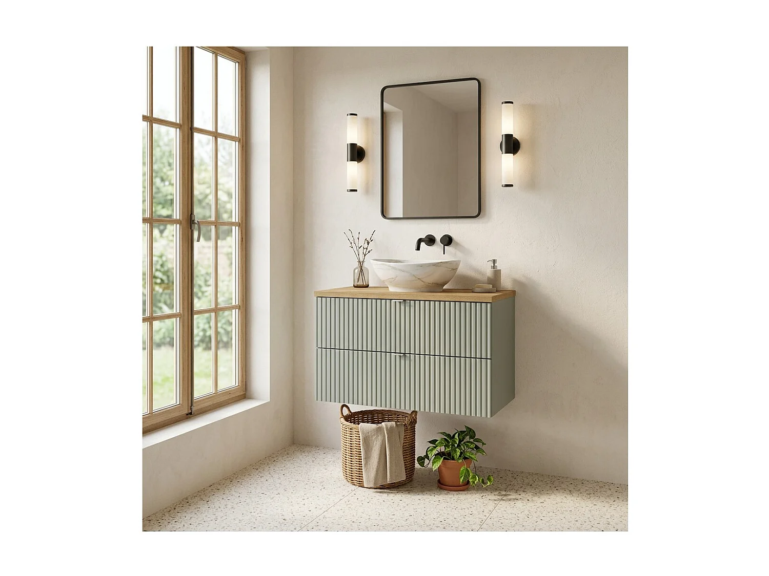 Ensemble ELVINA 80cm : meuble sous vasque à tiroirs vert + plan pour vasque aspect bois foncé + vasque à poser marbrée