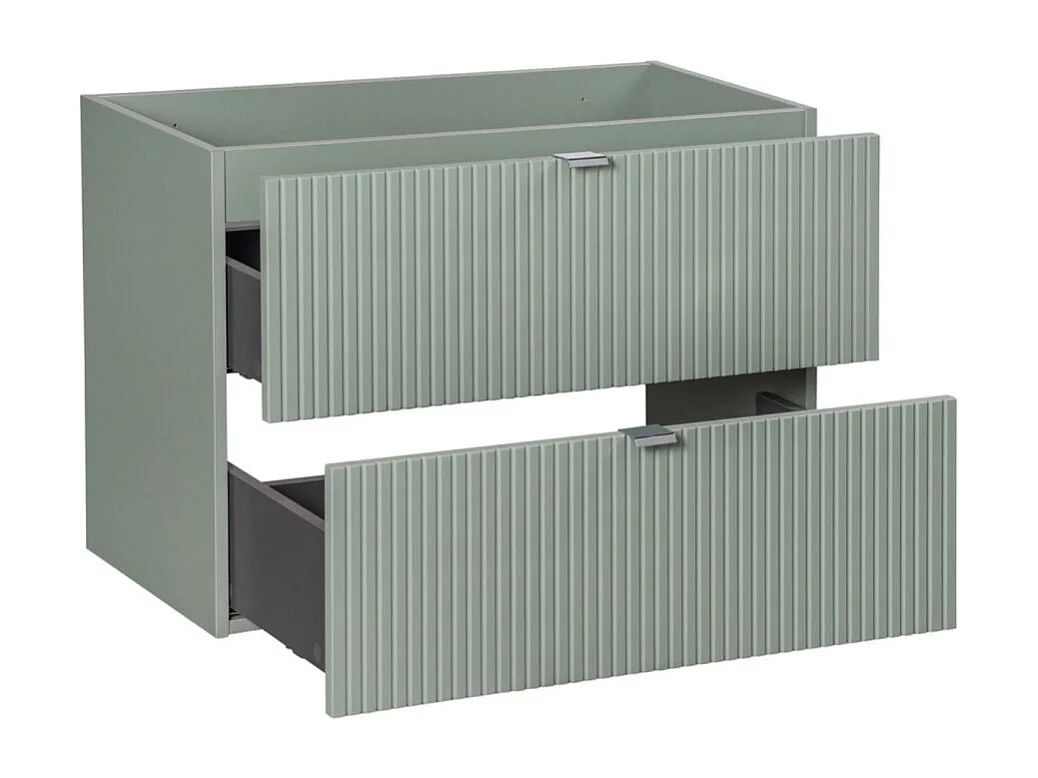 Ensemble ELVINA 80cm : meuble sous vasque à tiroirs vert + plan pour vasque aspect bois foncé + vasque à poser marbrée