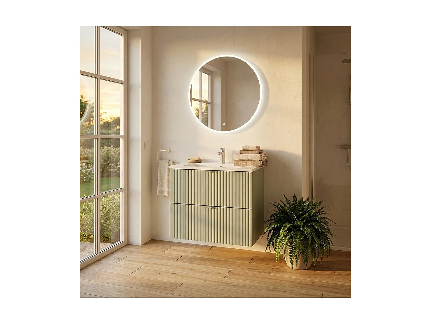 Ensemble de salle de bain ELVINA 60cm : meuble sous vasque à tiroirs vert sauge gris + vasque encastrée blanche