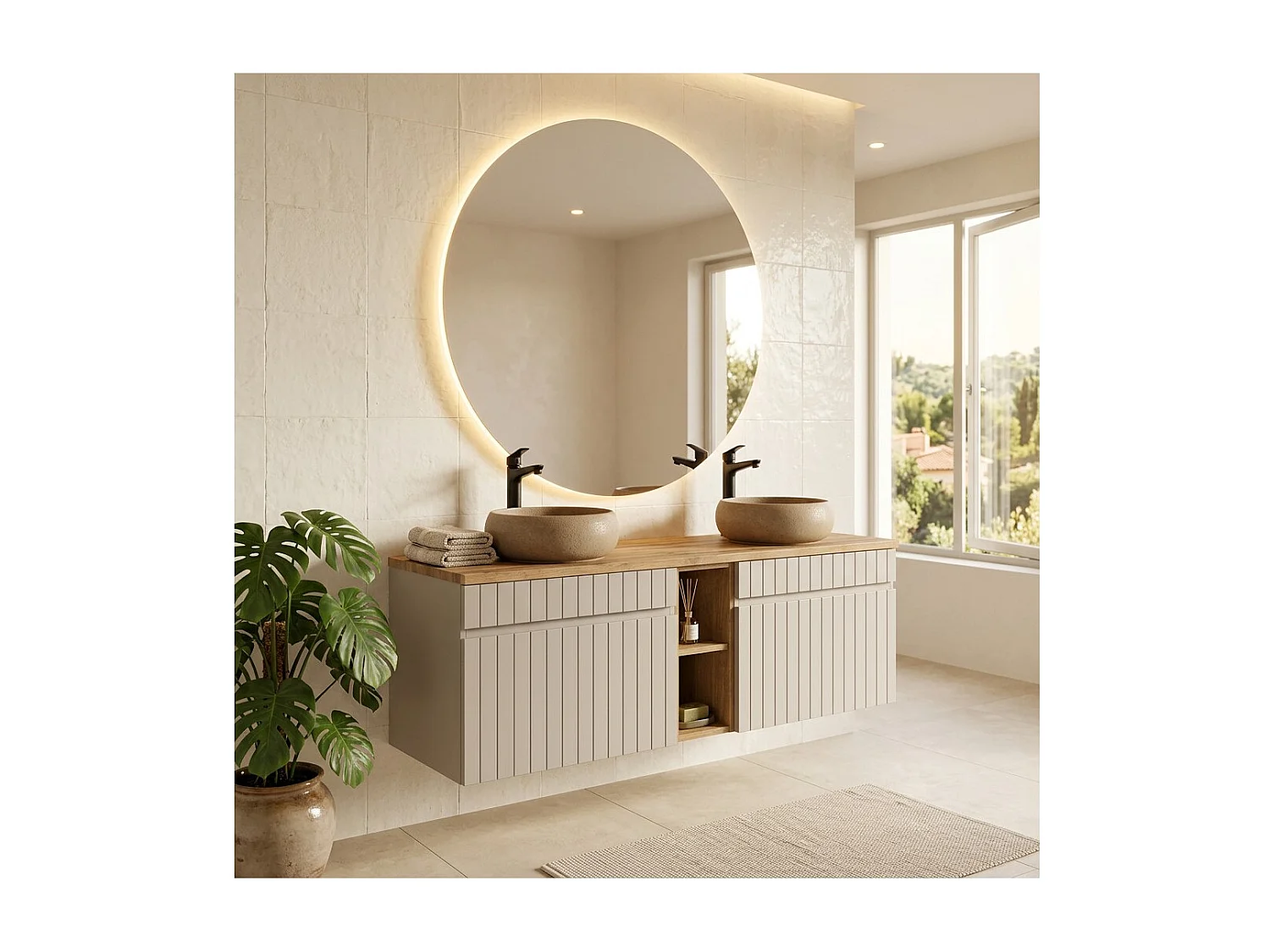 Ensemble ICON : meuble sous vasque 140cm avec niches visibles + 2 vasques à poser rondes marron cappuccino