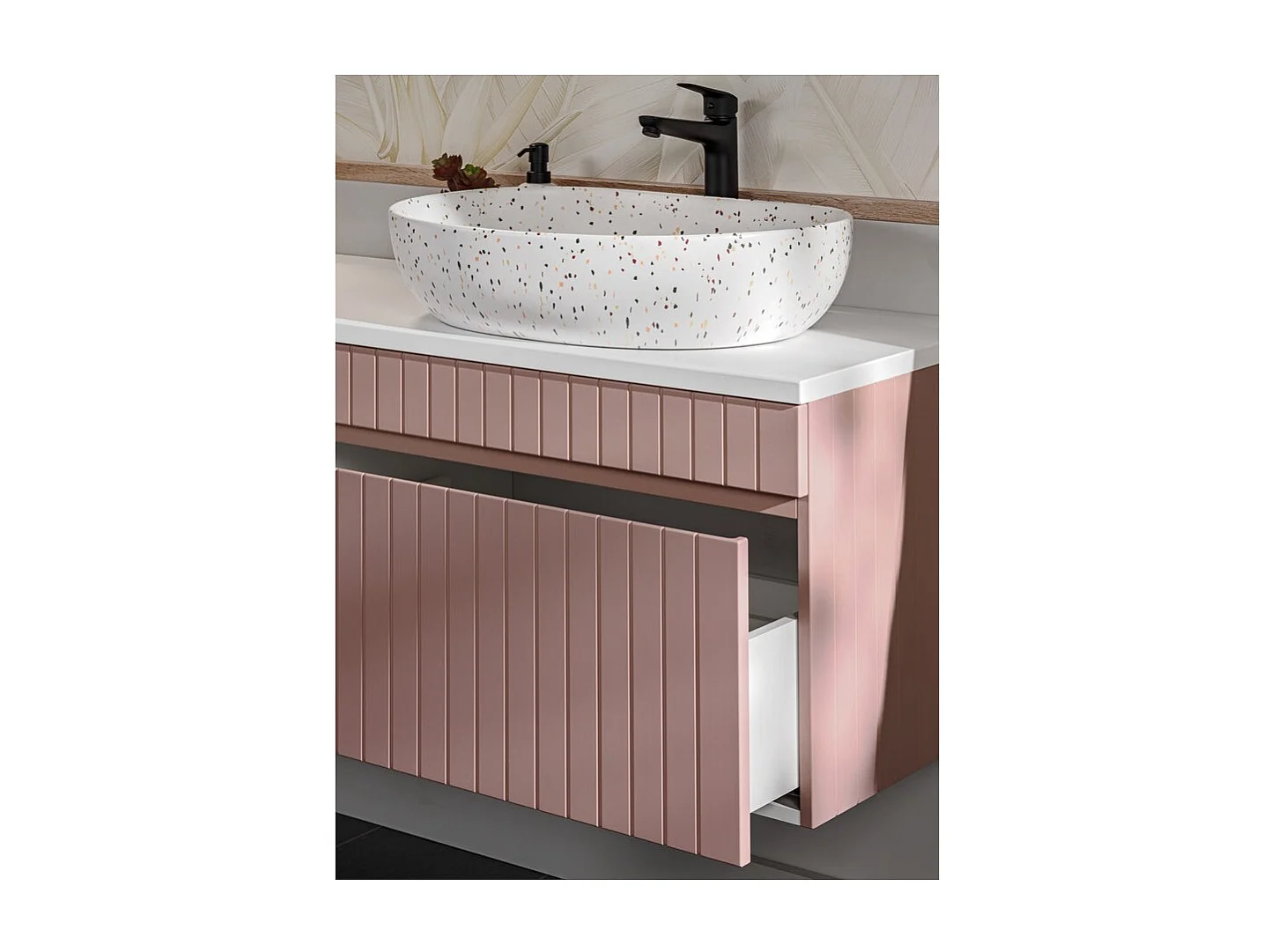 Ensemble ICON : meubles sous vasque 80cm avec niches visibles + plan pour vasque + vasque à poser mouchetées