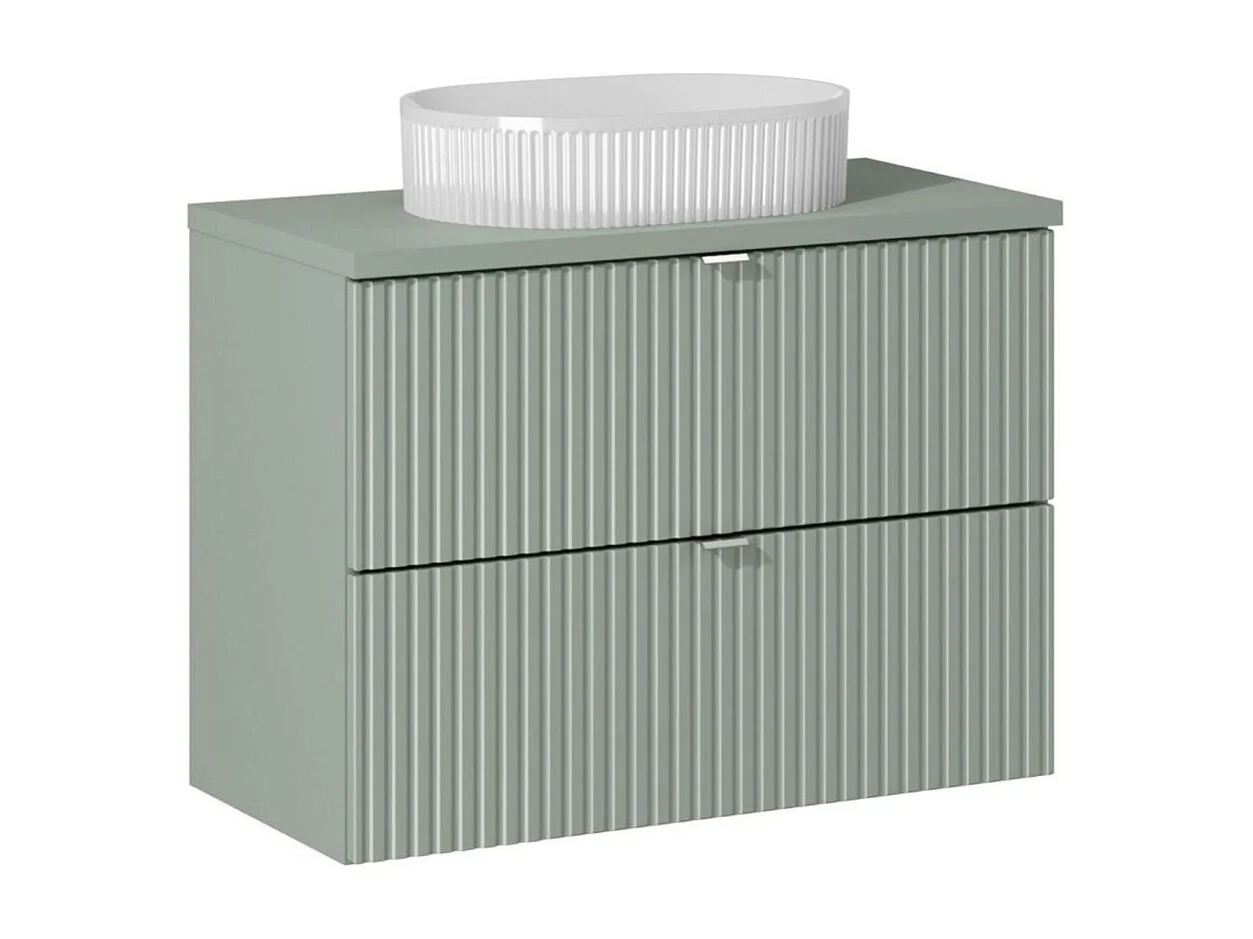 Ensemble ELVINA 80cm : meuble sous vasque à tiroirs + plan pour vasque vert sauge gris + vasque à poser rainurée blanche