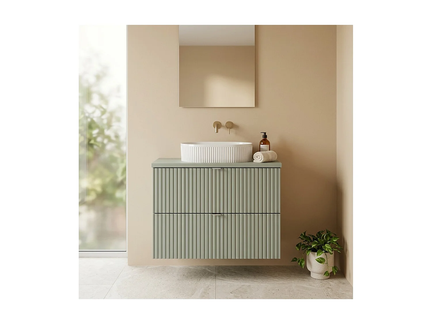 Ensemble ELVINA 80cm : meuble sous vasque à tiroirs + plan pour vasque vert sauge gris + vasque à poser rainurée blanche