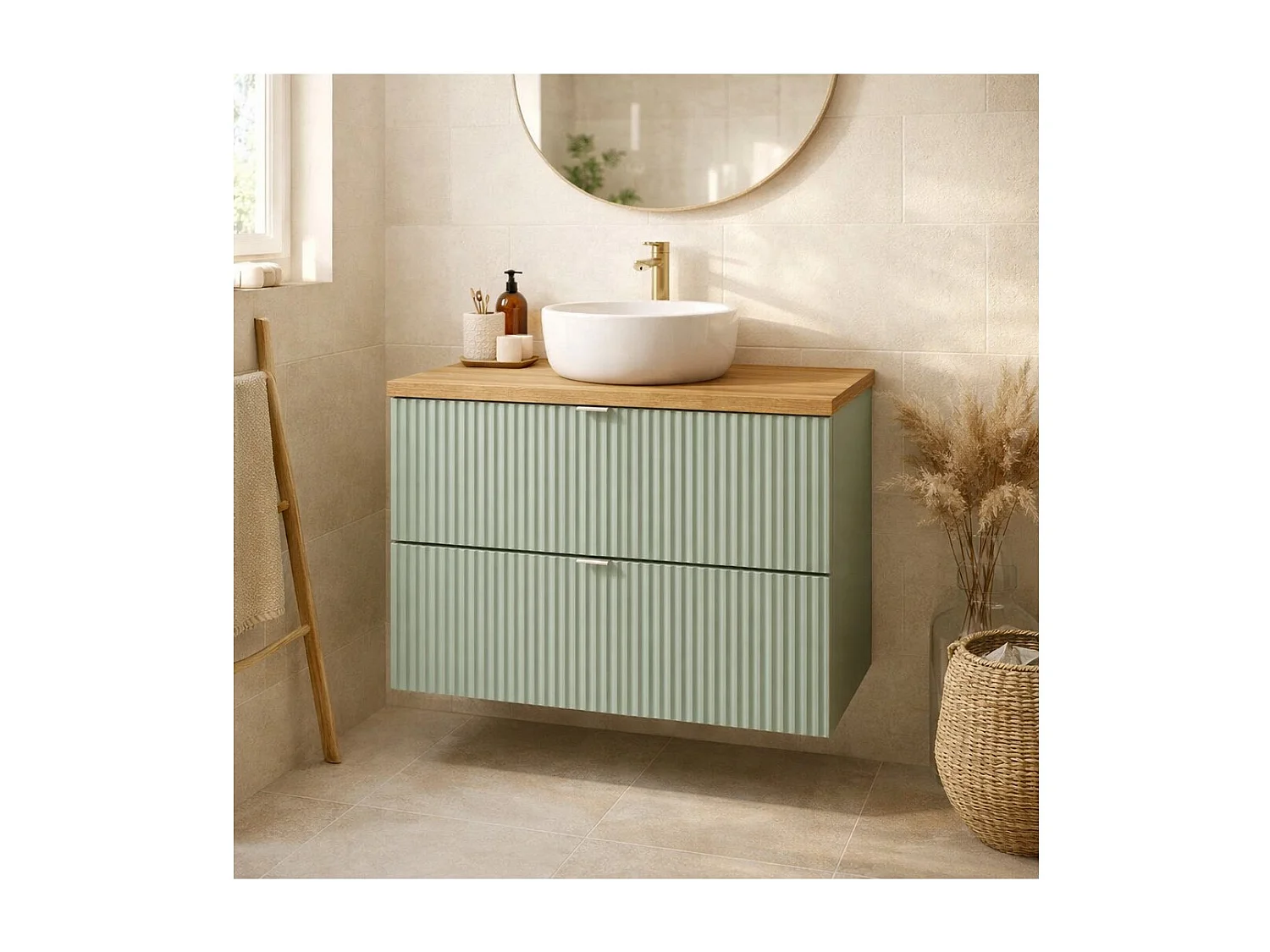 Ensemble ELVINA 80cm : meuble sous vasque à tiroirs vert sauge gris + plan pour vasque aspect bois foncé