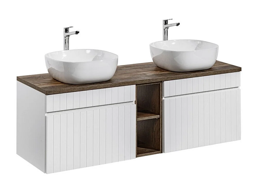 Ensemble ICON blanc : meubles sous vasque 140cm avec niches visibles + plan pour vasque + deux vasques à poser blanches