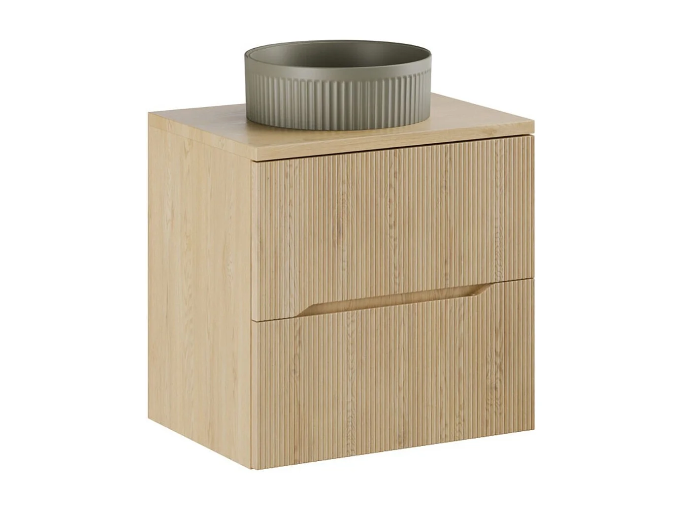 Ensemble de salle de bain NATURA 60cm : meuble sous vasque + plan pour vasque + vasque à poser ronde verte kaki rainurée