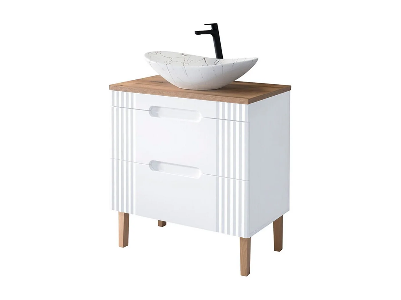 Ensemble FIDJI : meuble sous vasque 80cm + plan pour vasque + vasque à poser ovale asymétrique aspect marbre + pieds