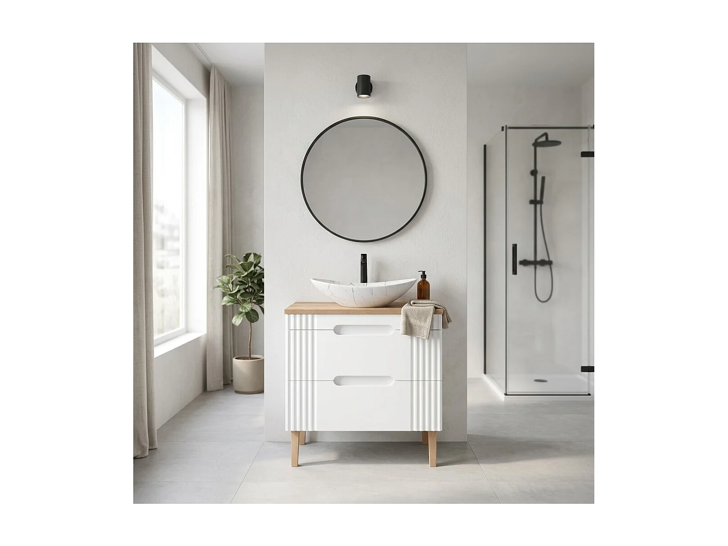 Ensemble FIDJI : meuble sous vasque 80cm + plan pour vasque + vasque à poser ovale asymétrique aspect marbre + pieds