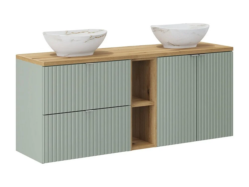 Ensemble ELVINA 140cm : meubles sous vasque avec niches visibles à tiroirs et placards + plan pour vasque + deux vasque à poser