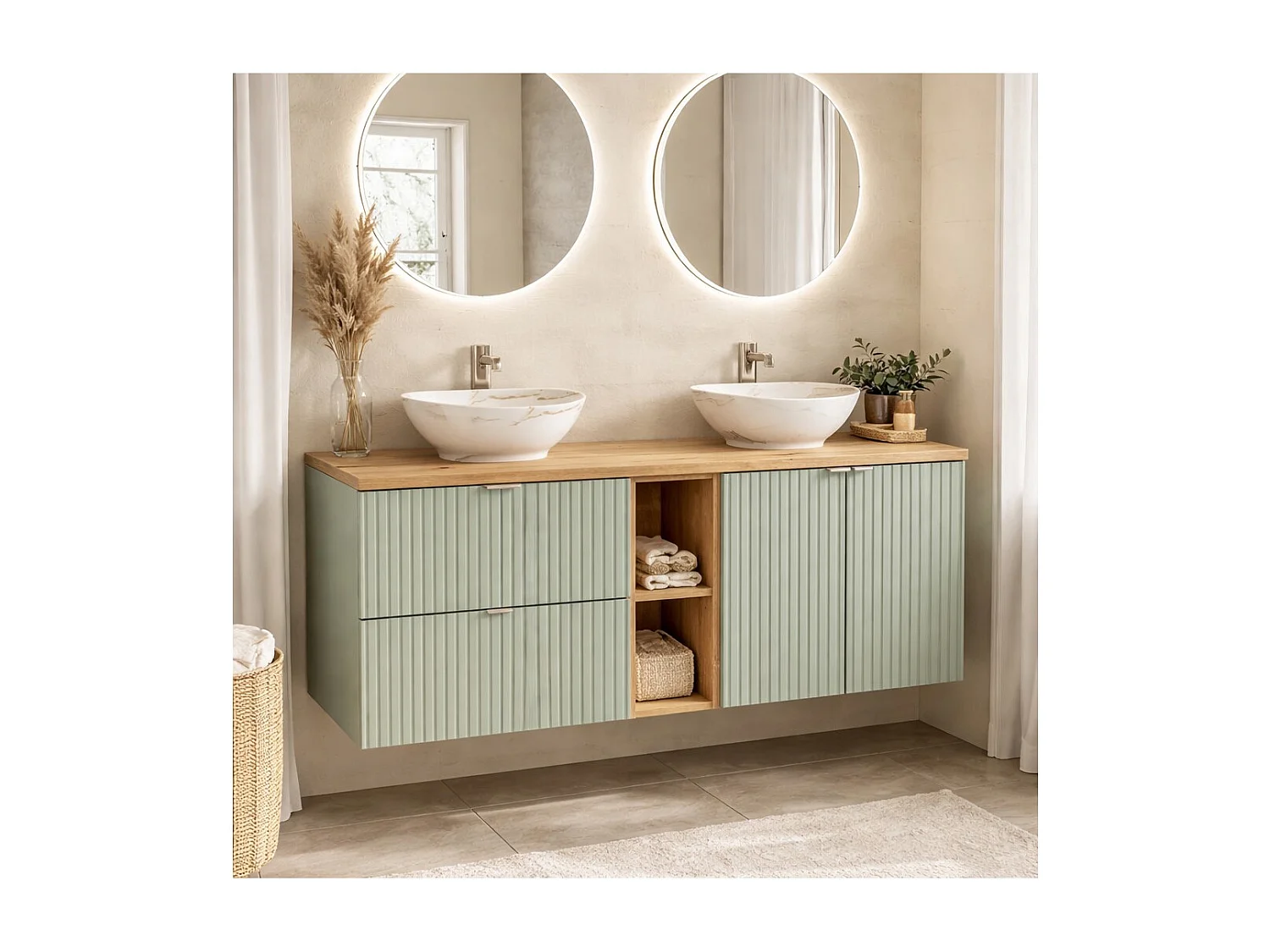 Ensemble ELVINA 140cm : meubles sous vasque avec niches visibles à tiroirs et placards + plan pour vasque + deux vasque à poser