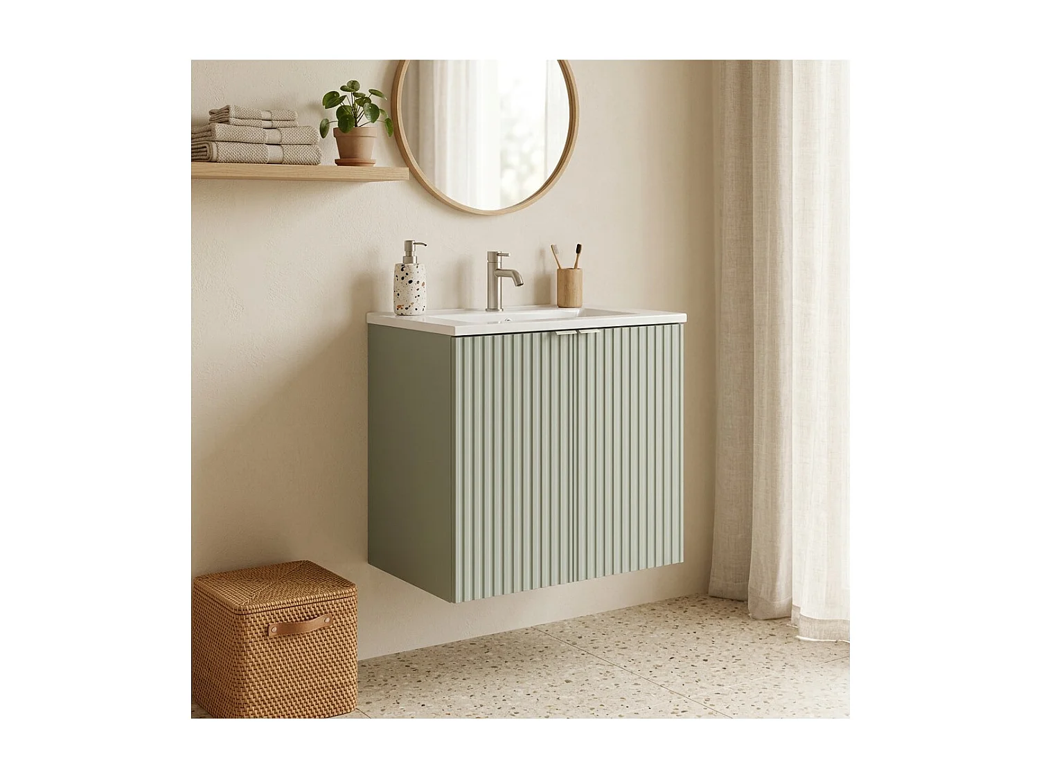 Ensemble de salle de bain ELVINA 60cm : meuble sous vasque à placards vert sauge gris + vasque encastrée blanche