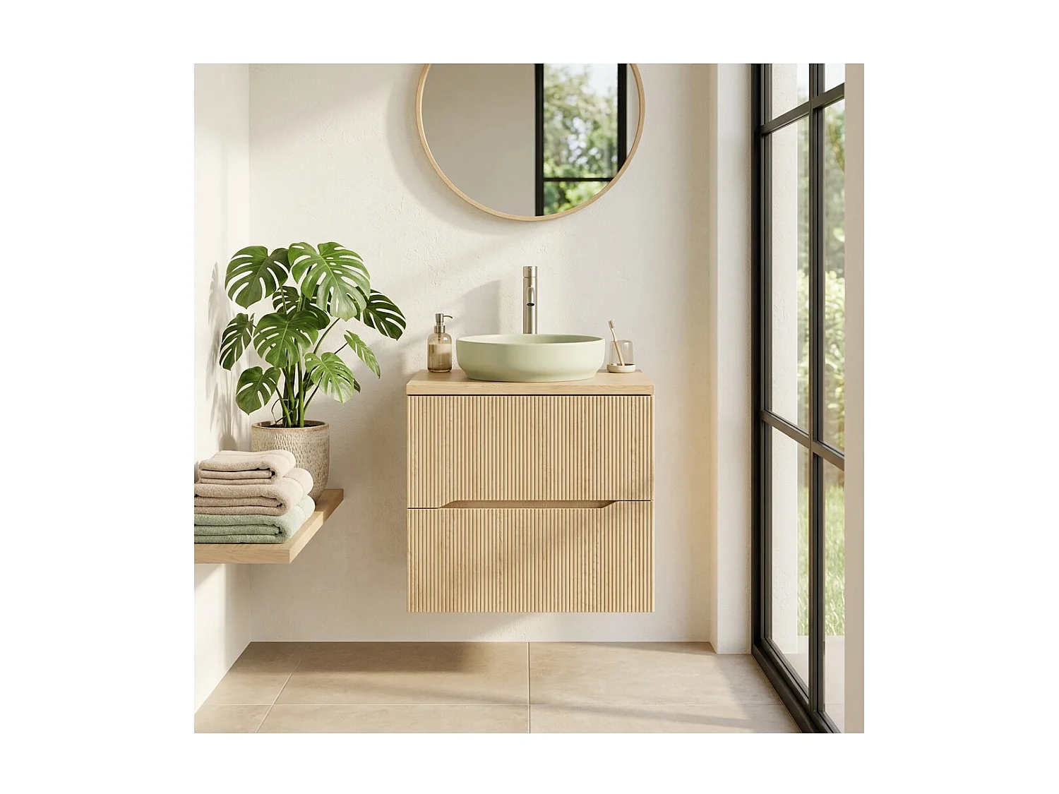 Ensemble de salle de bain suspendu NATURA 60cm : meuble sous vasque + plan pour vasque + vasque à poser ronde verte