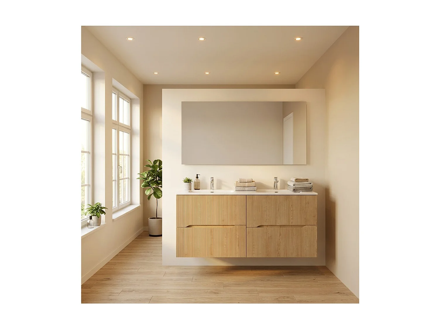 Ensemble de salle de bain suspendu NATURA 155cm : meubles sous vasque 60cm + double vasque encastrée