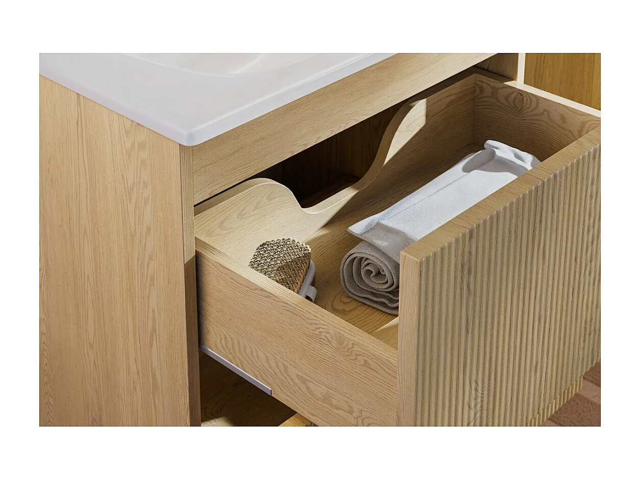 Ensemble de salle de bain suspendu NATURA 155cm : meubles sous vasque 60cm + double vasque encastrée