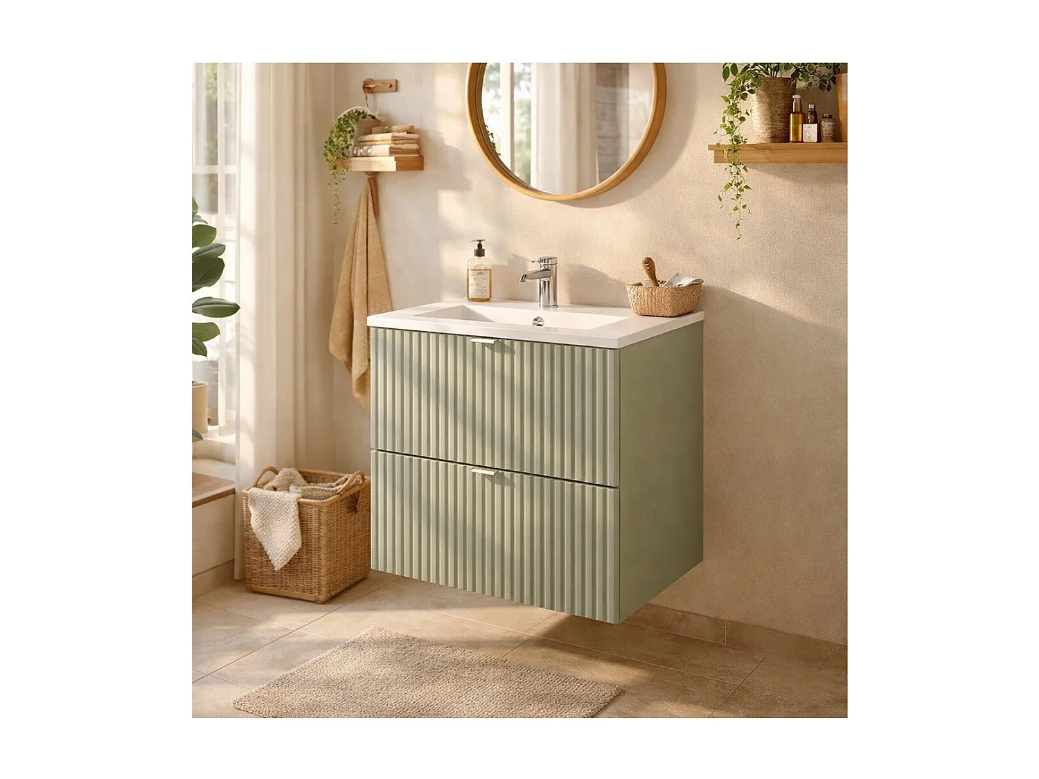 Ensemble ELVINA 50cm : meuble sous vasque à tiroirs vert sauge gris + vasque à encastrer en céramique blanche