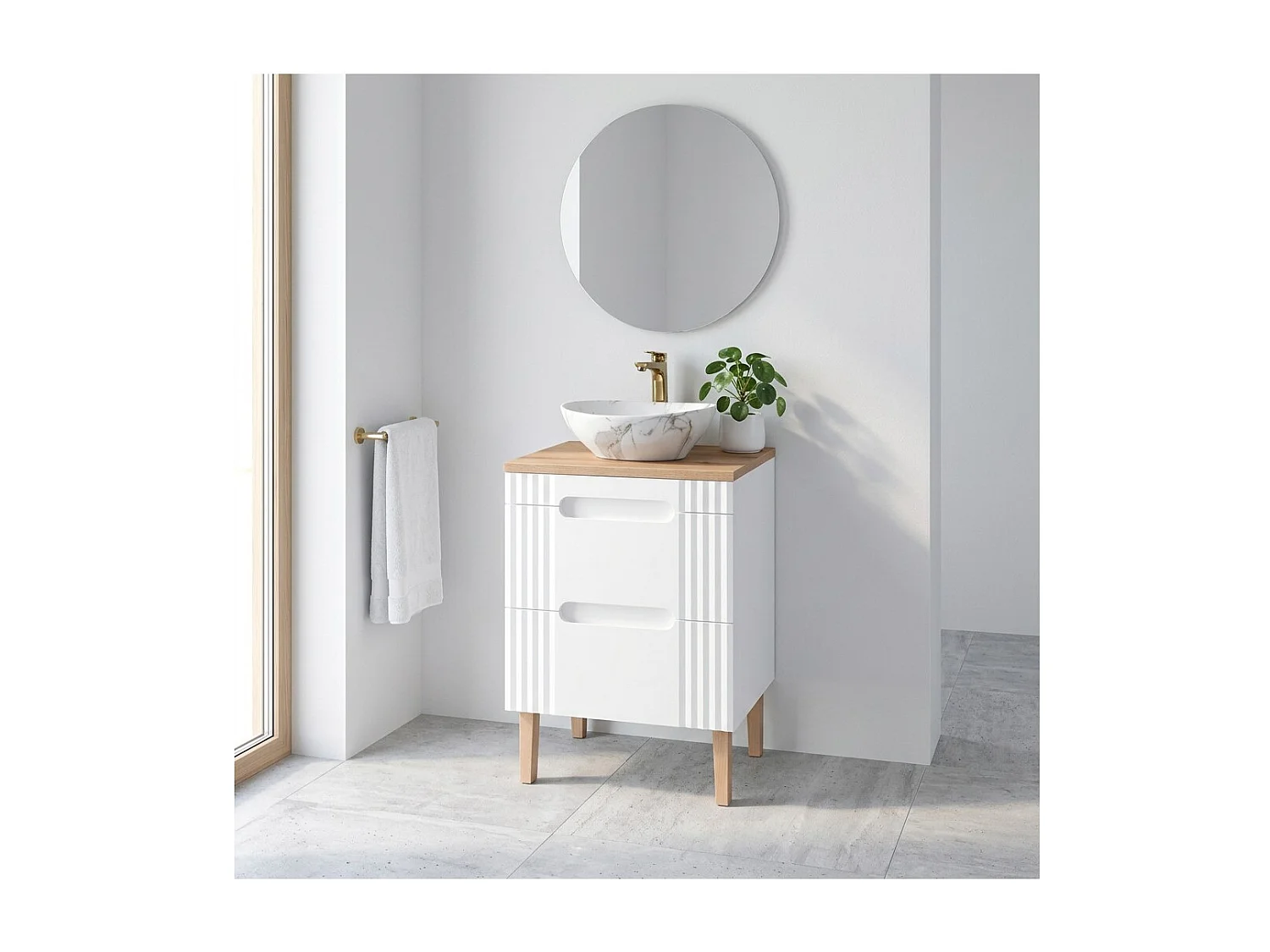 Ensemble de salle de bain FIDJI : meuble sous vasque 60cm + plan pour vasque + vasque à poser ovale asymétrique + pieds