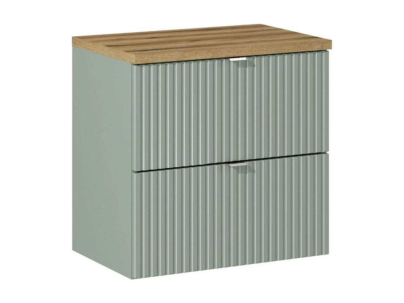 Ensemble de salle de bain ELVINA 60cm : meuble sous vasque à tiroirs vert sauge gris + plan pour vasque aspect bois foncé