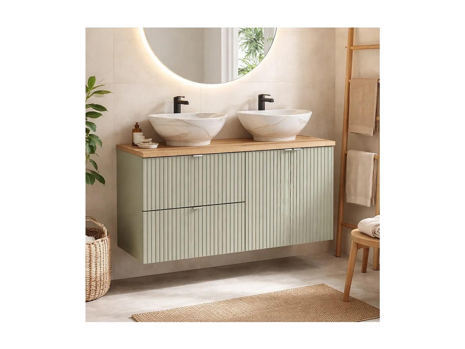 Ensemble ELVINA 120cm : meubles sous vasque à tiroirs et placards + plan pour vasque + deux vasque à poser marbrée