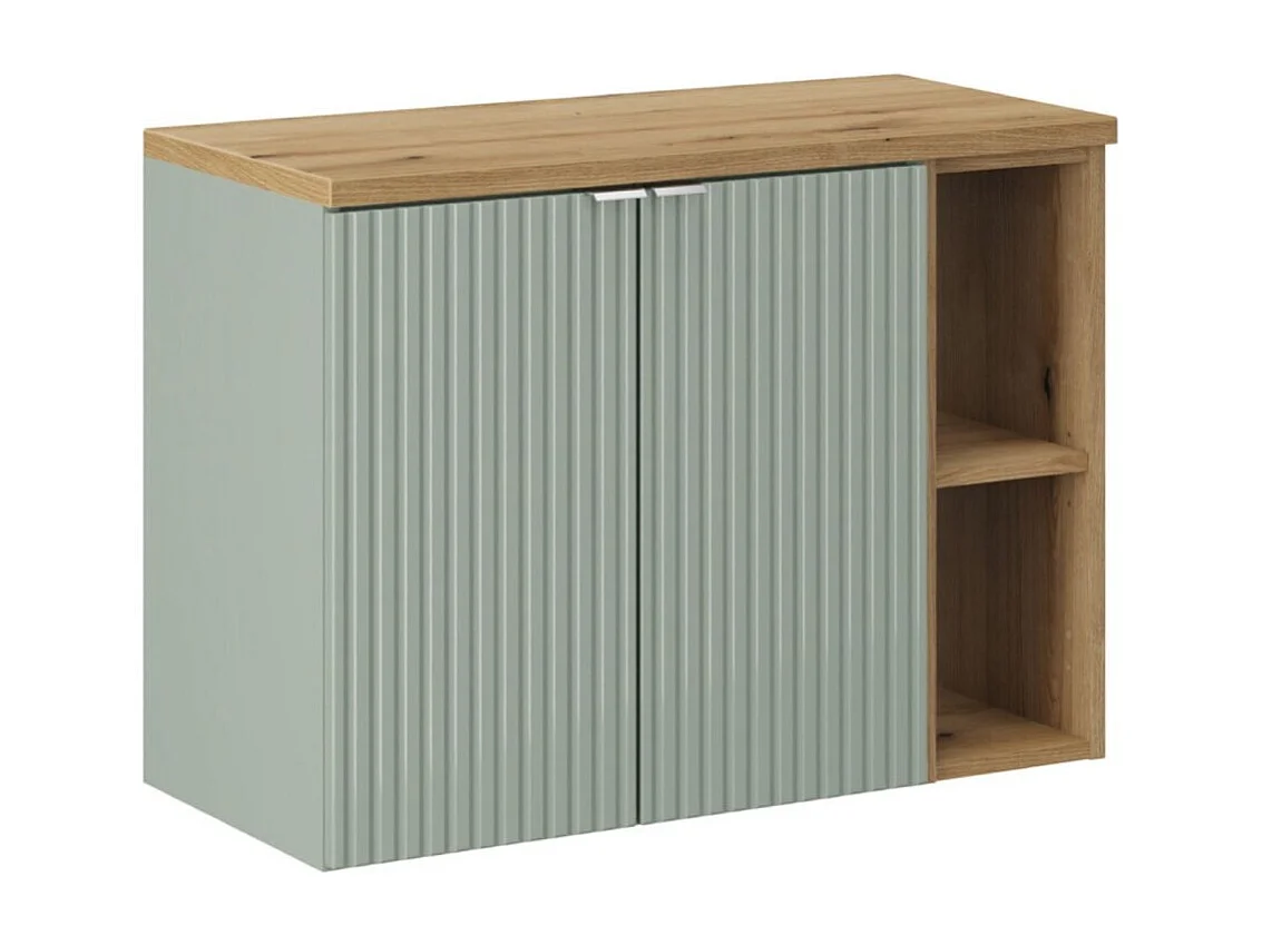 Ensemble ELVINA 80cm : meuble sous vasque à placards vert avec niches visibles + plan pour vasque aspect bois foncé