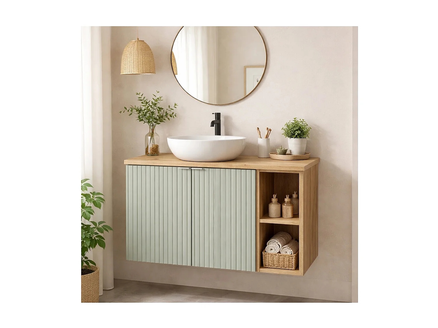 Ensemble ELVINA 80cm : meuble sous vasque à placards vert avec niches visibles + plan pour vasque aspect bois foncé
