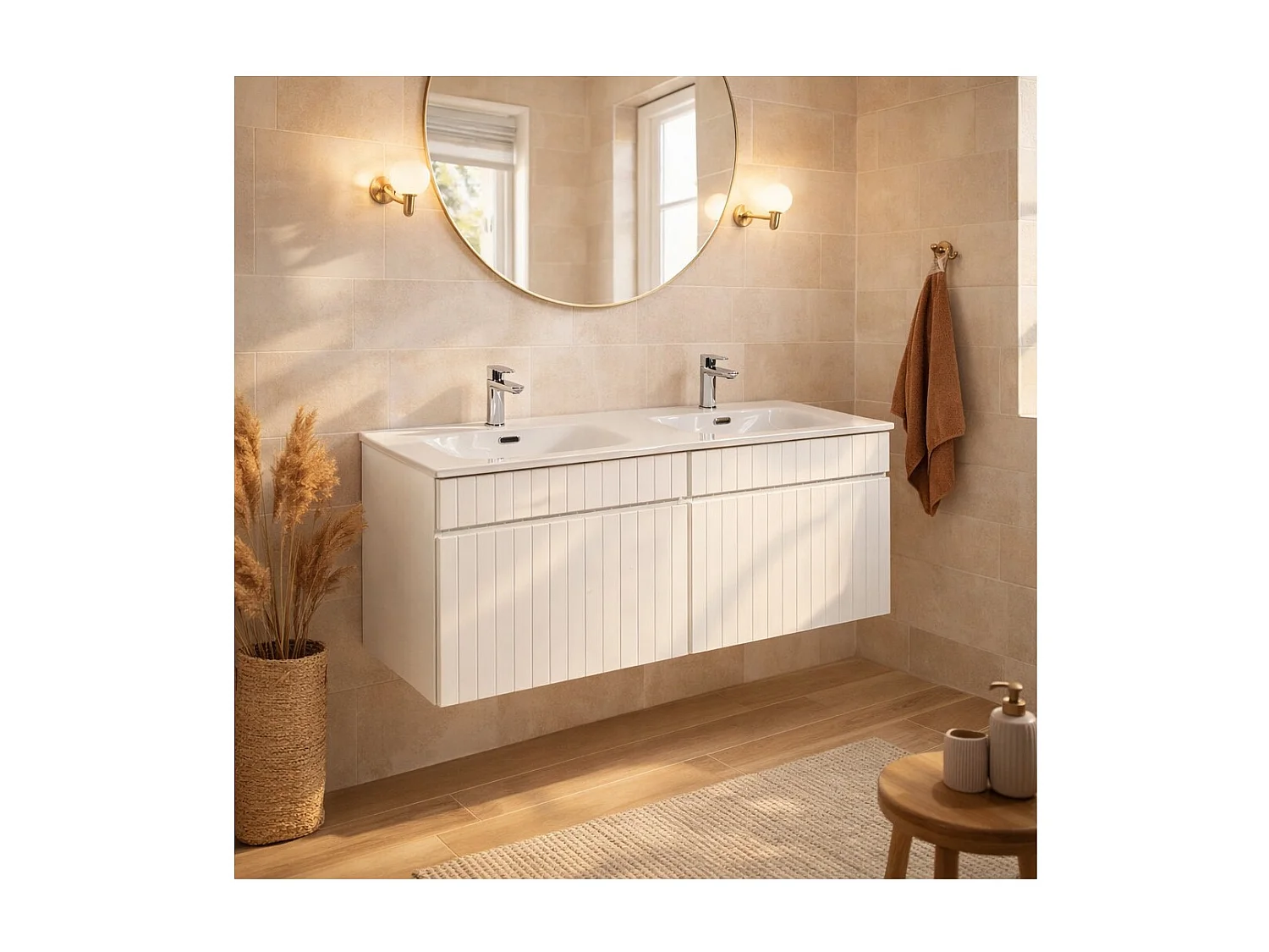Ensemble ICON blanc : meubles sous vasque 120cm + double vasque encastrée en céramique blanche