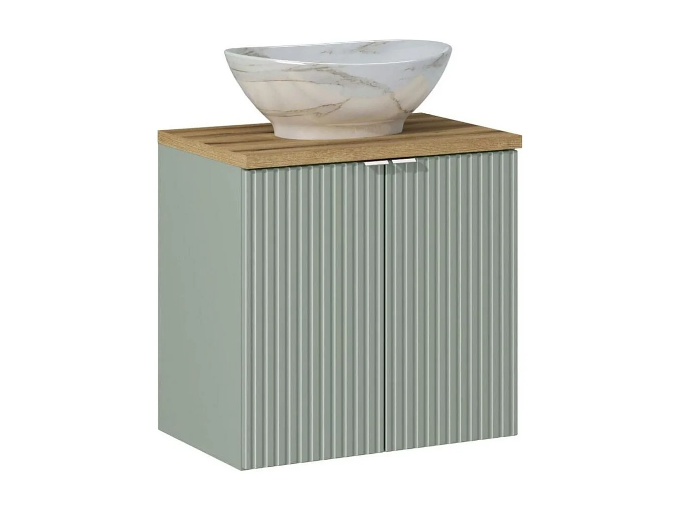 Ensemble ELVINA 60cm : meuble sous vasque à placards vert sauge gris + plan pour vasque aspect bois + vasque à poser marbrée