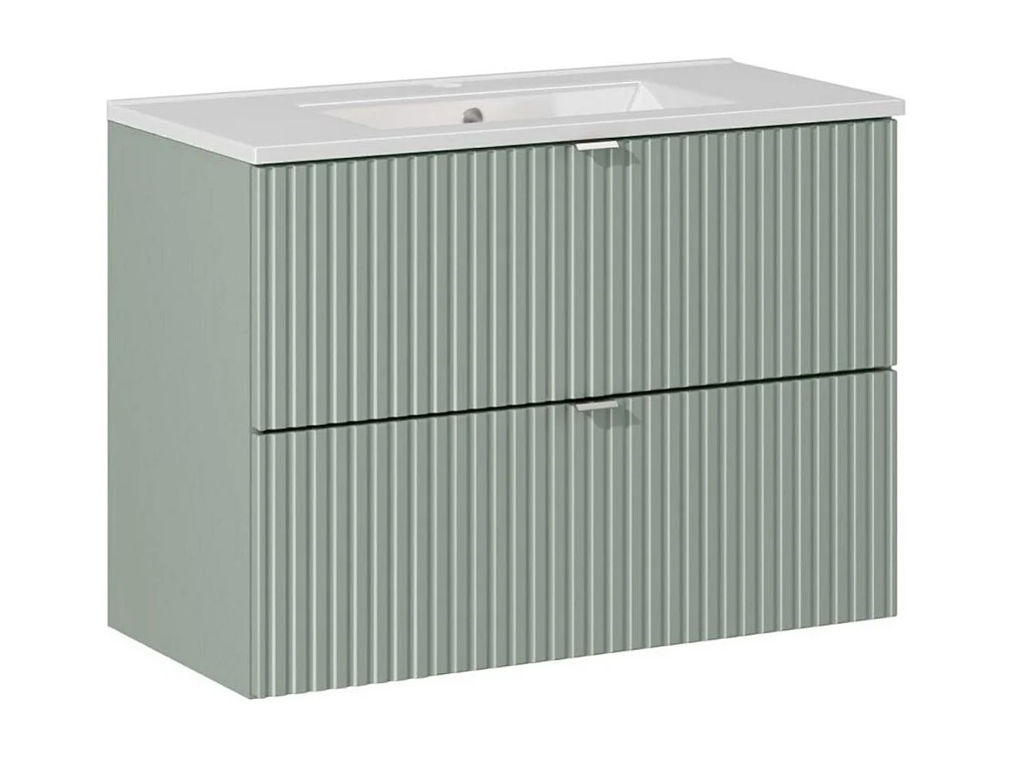 Ensemble de salle de bain suspendu ELVINA 80cm : meuble sous vasque à tiroirs vert sauge gris + vasque encastrée blanche