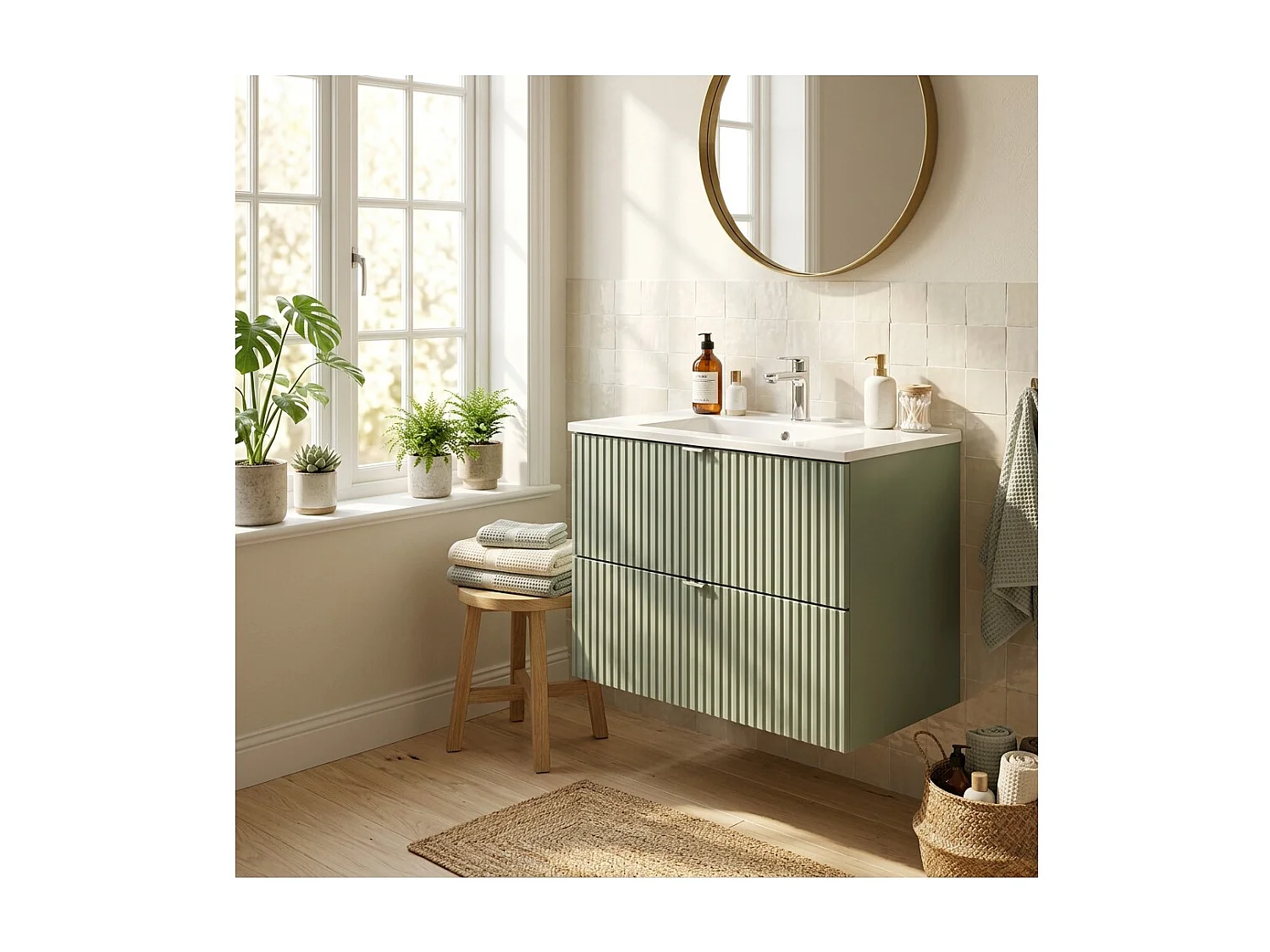 Ensemble de salle de bain suspendu ELVINA 80cm : meuble sous vasque à tiroirs vert sauge gris + vasque encastrée blanche