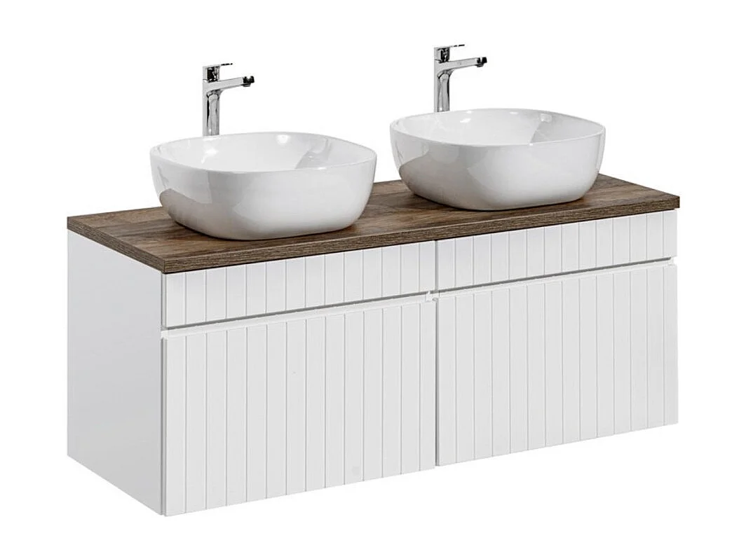 Ensemble ICON blanc : meubles sous vasque 120cm + plan pour vasque aspect bois foncé + deux vasques à poser blanches