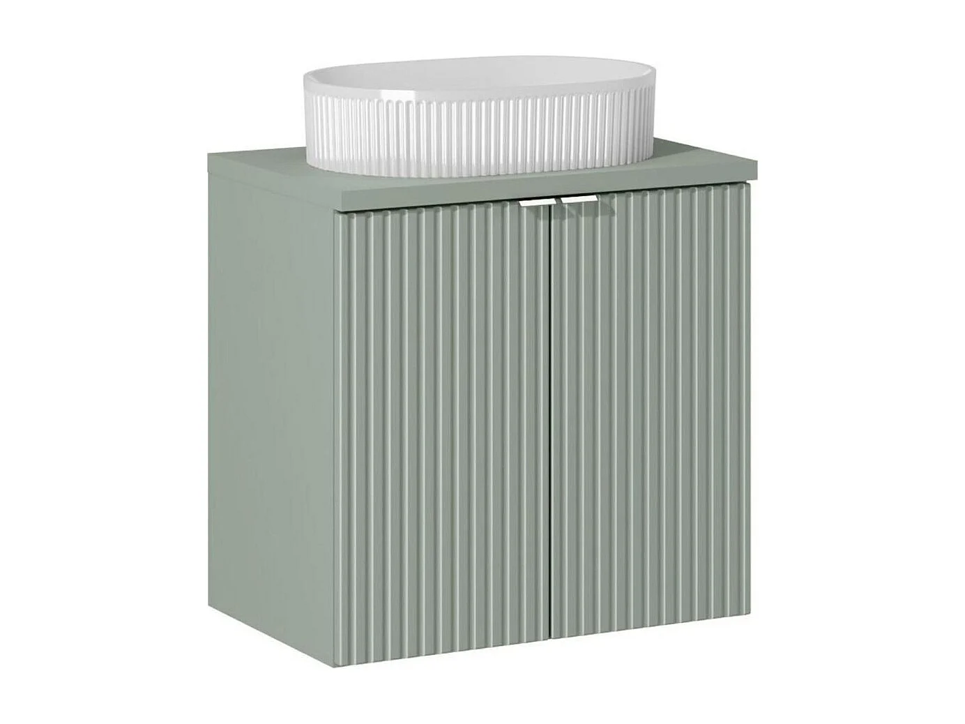 Ensemble ELVINA 60cm : meuble sous vasque à placards + plan pour vasque vert sauge gris + vasque à poser rainurée