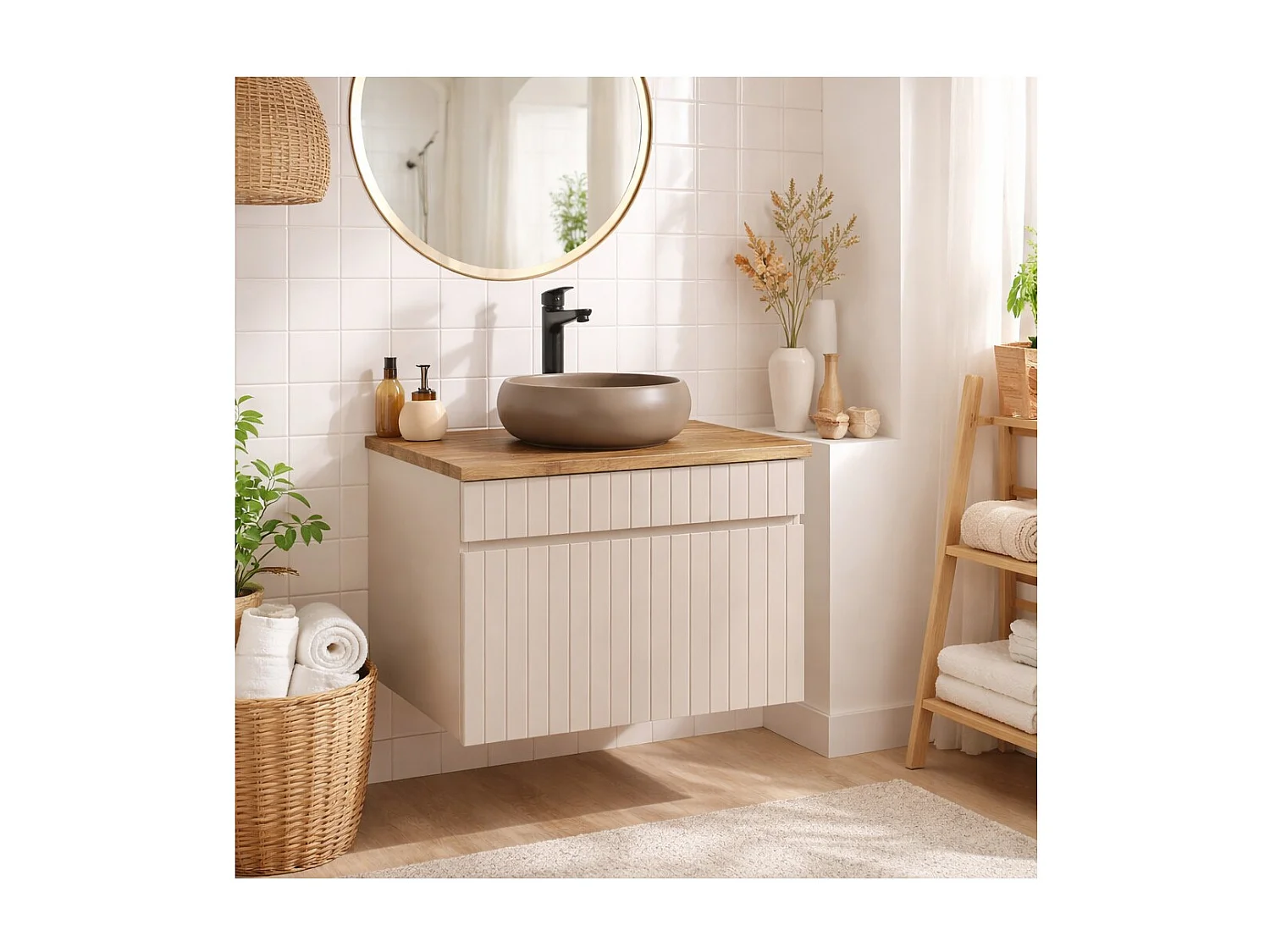 Ensemble de salle de bain ICON : meuble sous vasque 60cm cachemire + plan pour vasque aspect bois