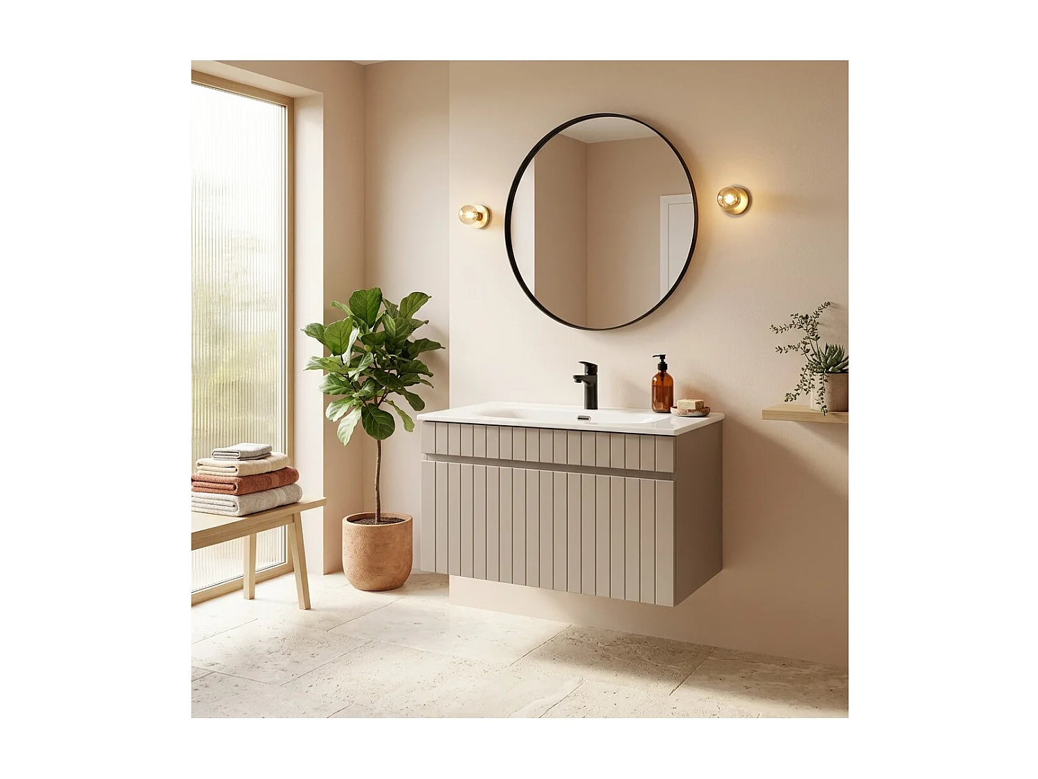 Ensemble de salle de bain ICON : meuble sous vasque 80cm cachemire + vasque à encastrer blanche