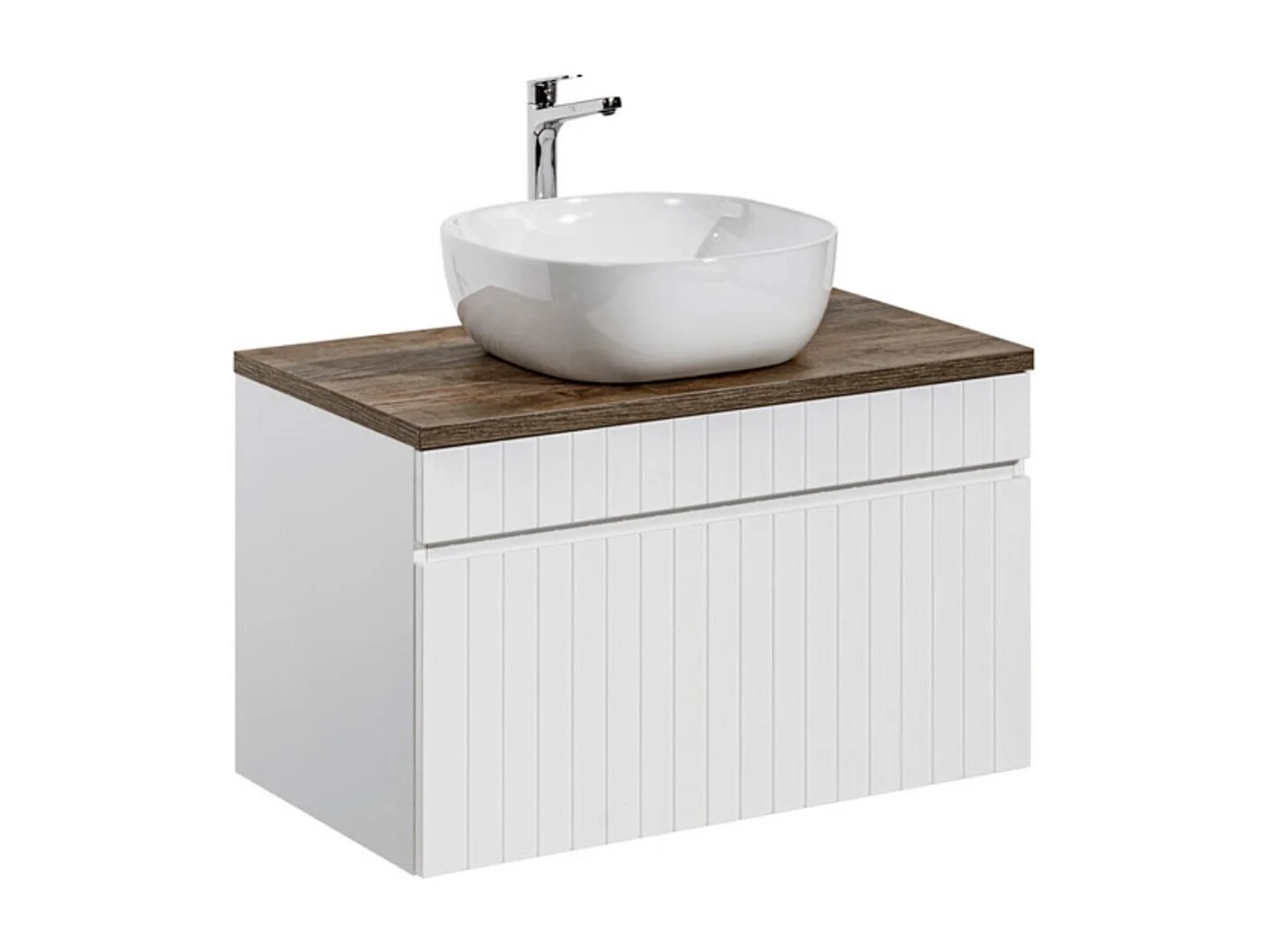 Ensemble ICON blanc : meuble sous vasque 80cm + plan pour vasque aspect bois foncé + vasque à poser blanche