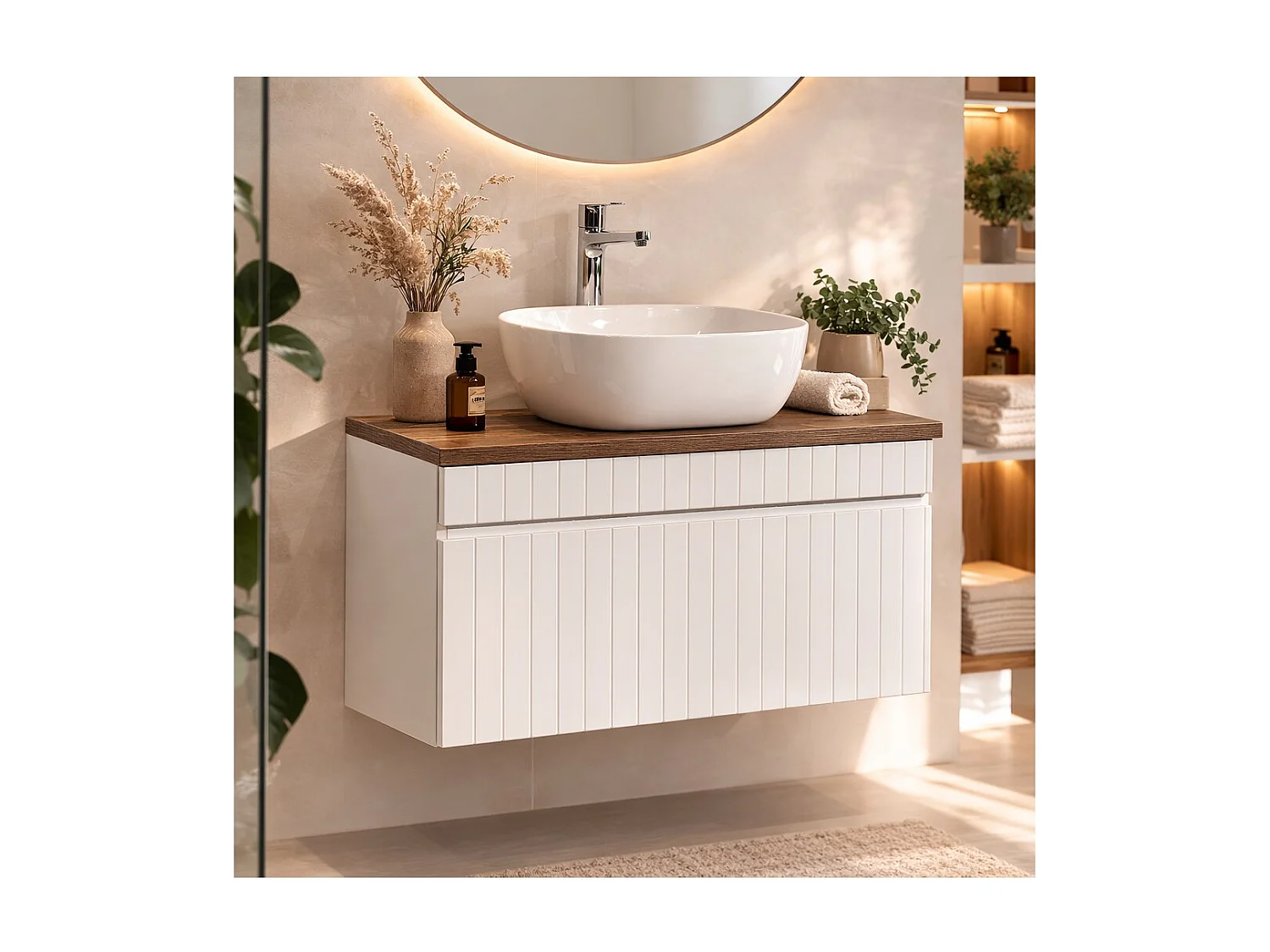 Ensemble ICON blanc : meuble sous vasque 80cm + plan pour vasque aspect bois foncé + vasque à poser blanche