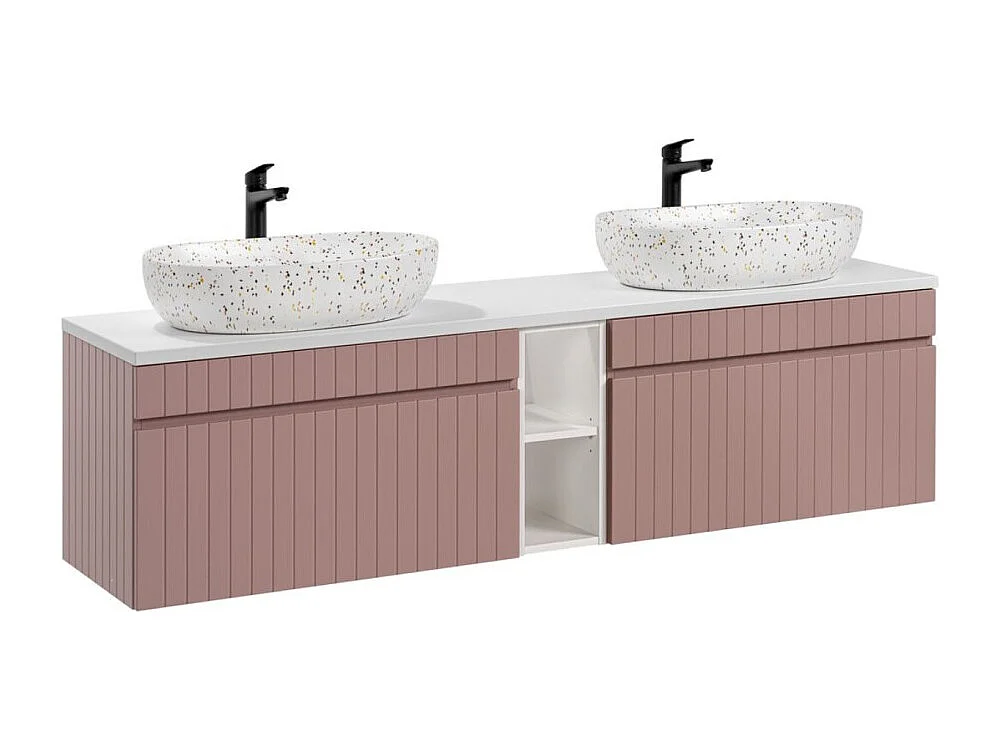 Ensemble ICON : meubles sous vasque 180cm avec niches visibles + plan pour vasque + deux vasques à poser mouchetées