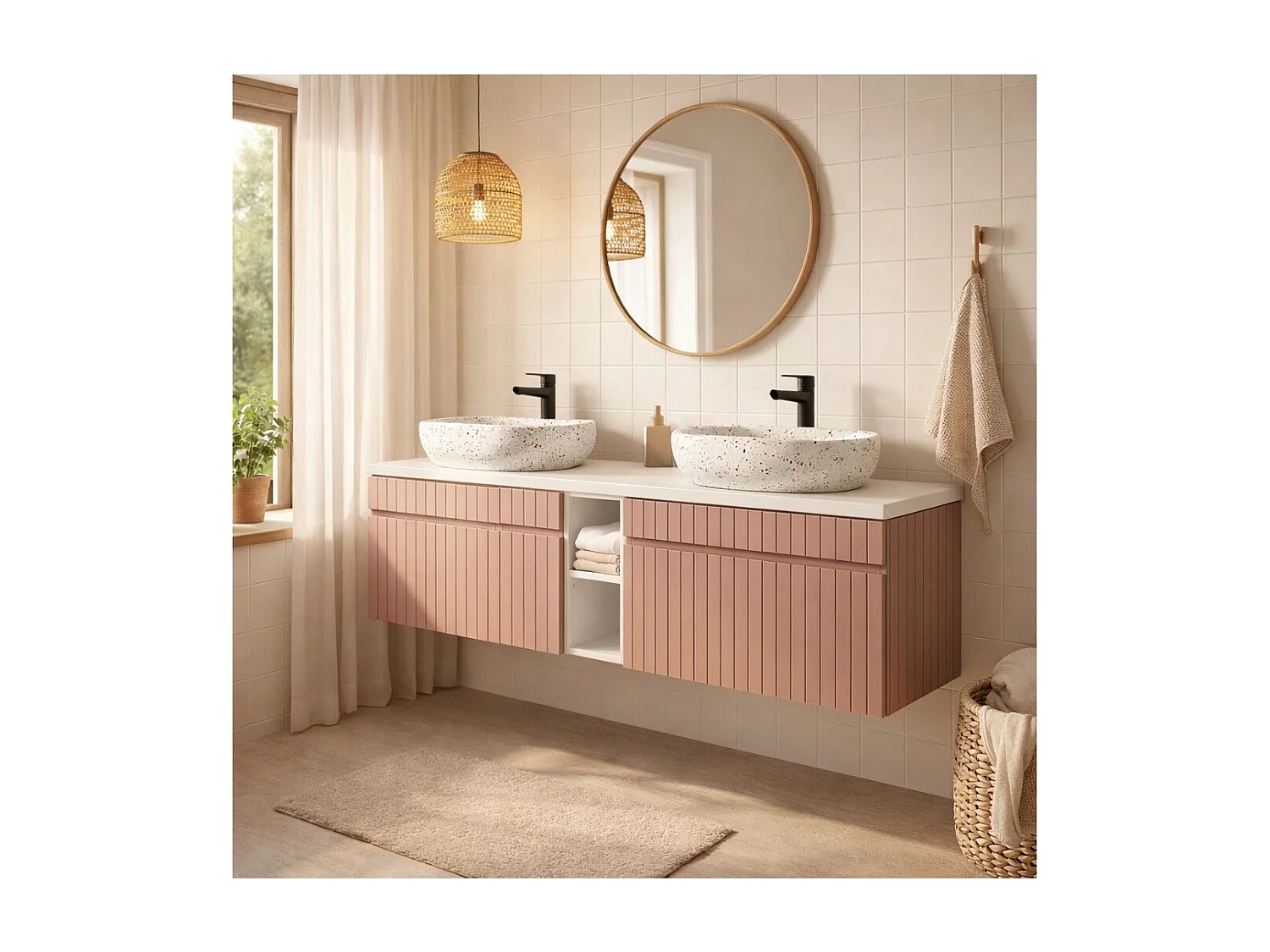 Ensemble ICON : meubles sous vasque 180cm avec niches visibles + plan pour vasque + deux vasques à poser mouchetées