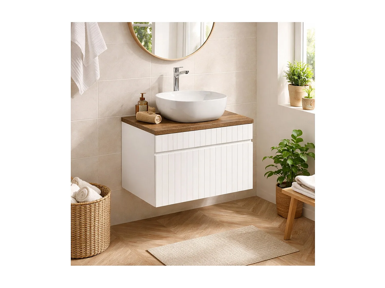 Ensemble ICON blanc : meuble sous vasque 60cm + plan pour vasque aspect bois foncé + vasque à poser carrée arrondie