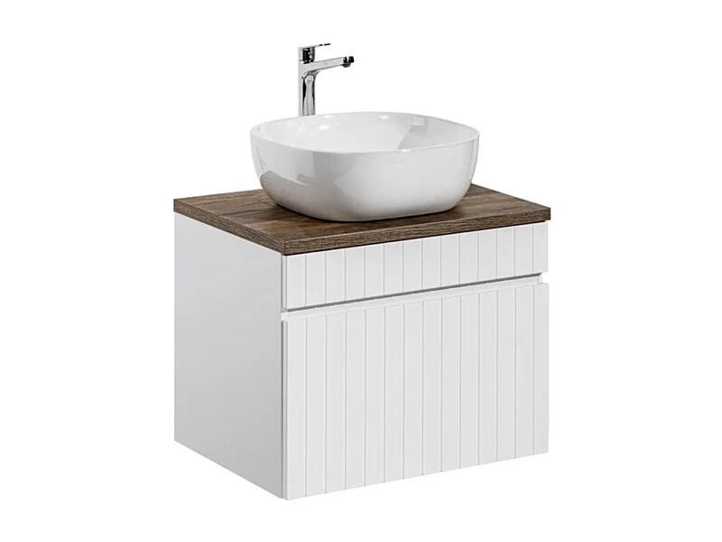 Ensemble ICON blanc : meuble sous vasque 60cm + plan pour vasque aspect bois foncé + vasque à poser carrée arrondie