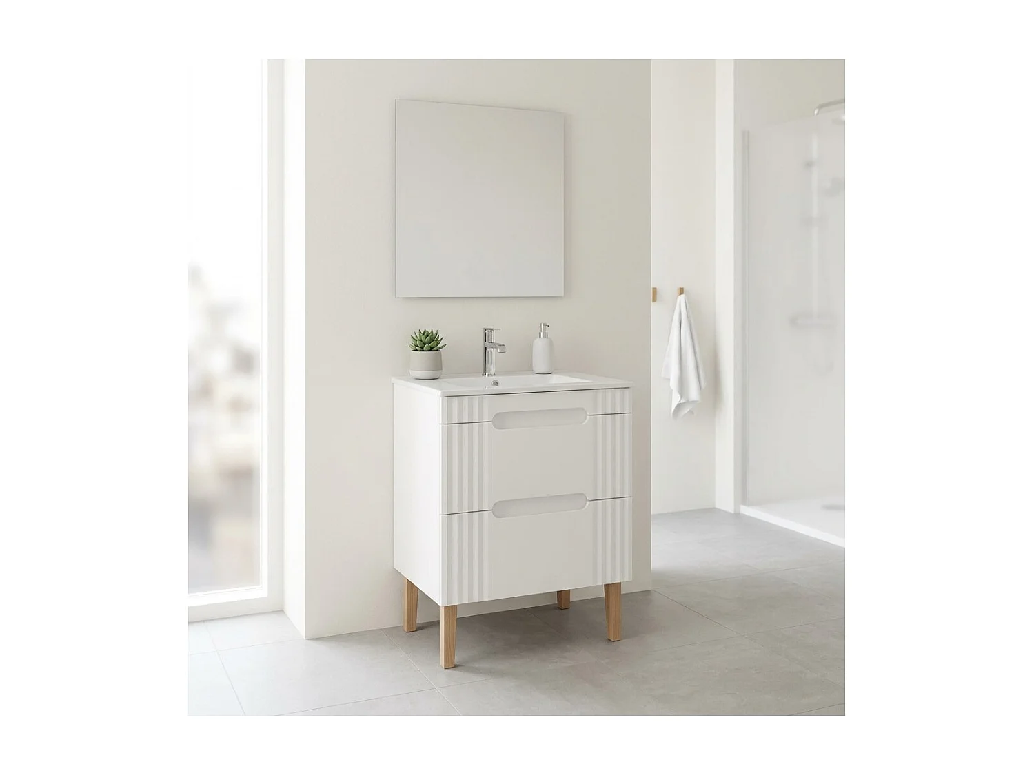 Ensemble de salle de bain FIDJI : meuble sous vasque 60cm + vasque à encastrer blanche + siphon + pieds