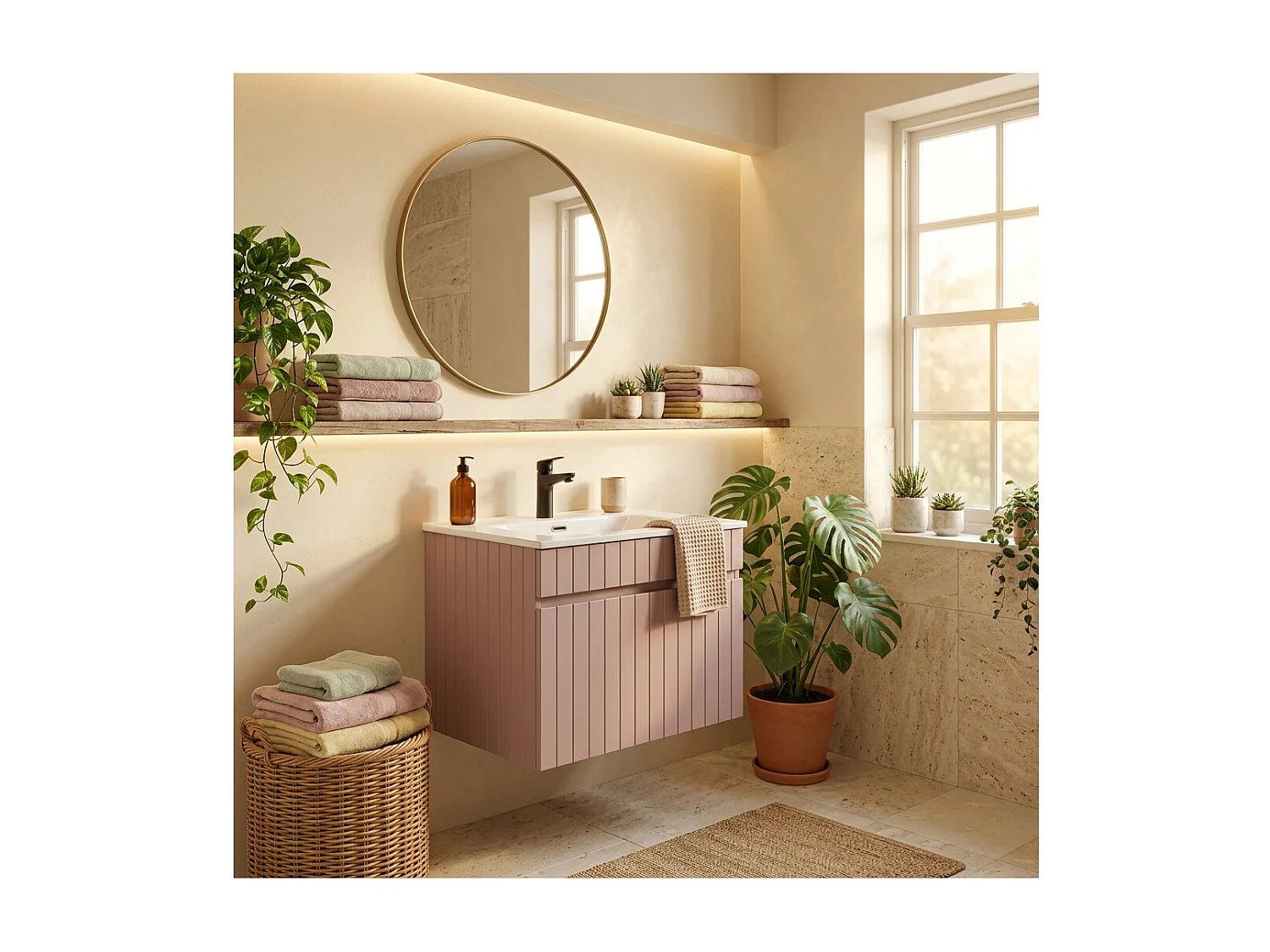 Ensemble de salle de bain ICON : meuble sous vasque 60cm rose poudré + vasque à encastrer blanche
