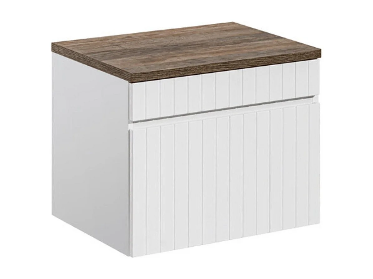 Ensemble ICON blanc : meuble sous vasque 80cm + plan pour vasque aspect bois foncé