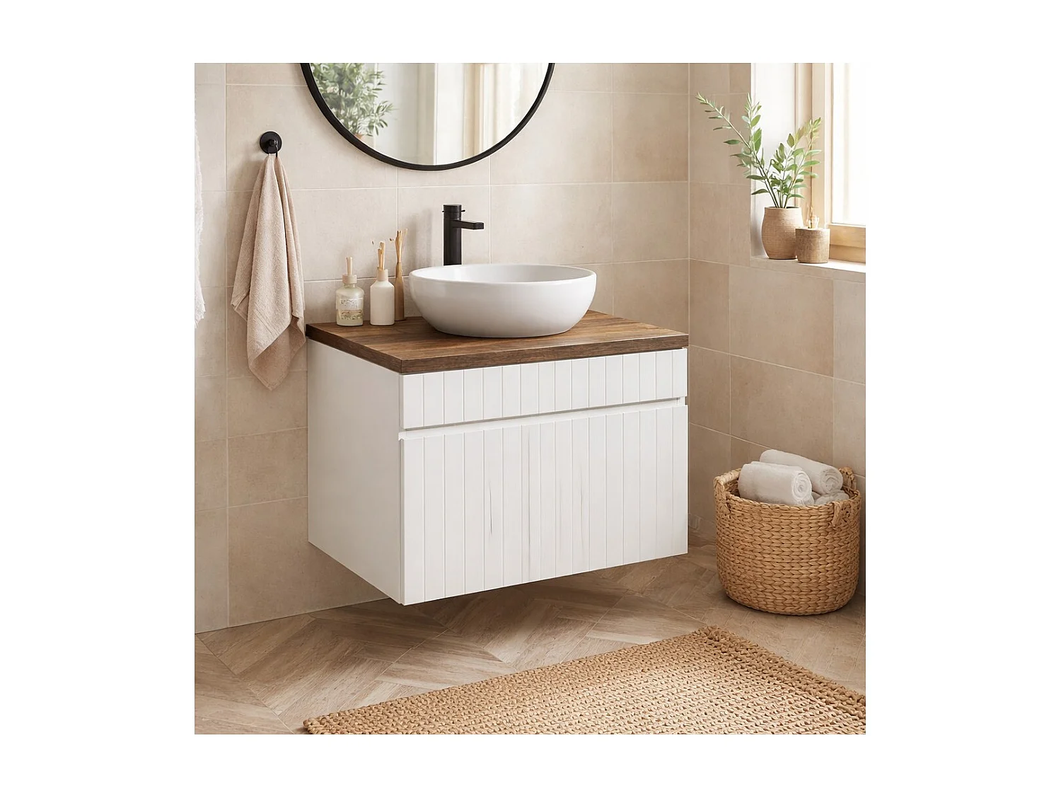 Ensemble ICON blanc : meuble sous vasque 80cm + plan pour vasque aspect bois foncé