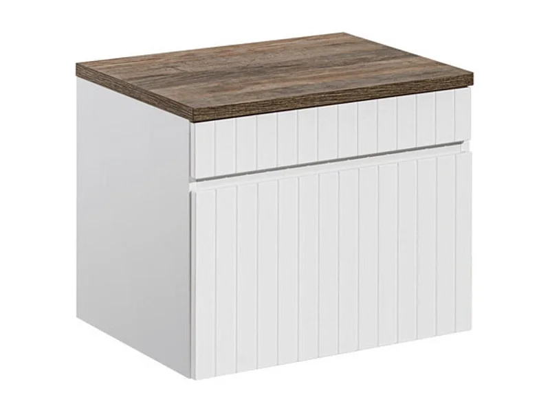 Ensemble ICON blanc : meuble sous vasque 80cm + plan pour vasque aspect bois foncé